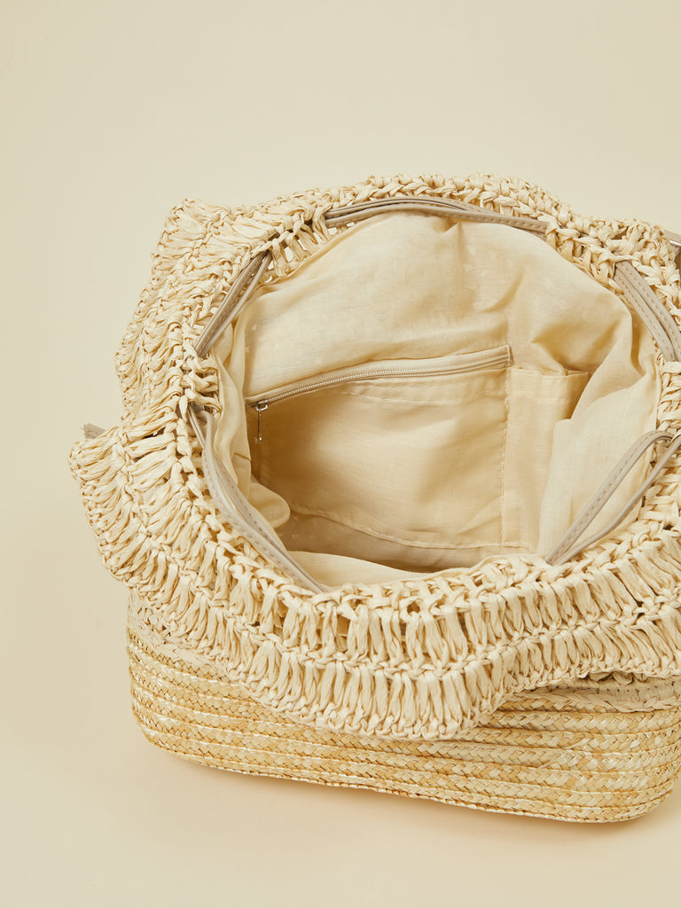 Beige Straw-women Boho Women's Backpack