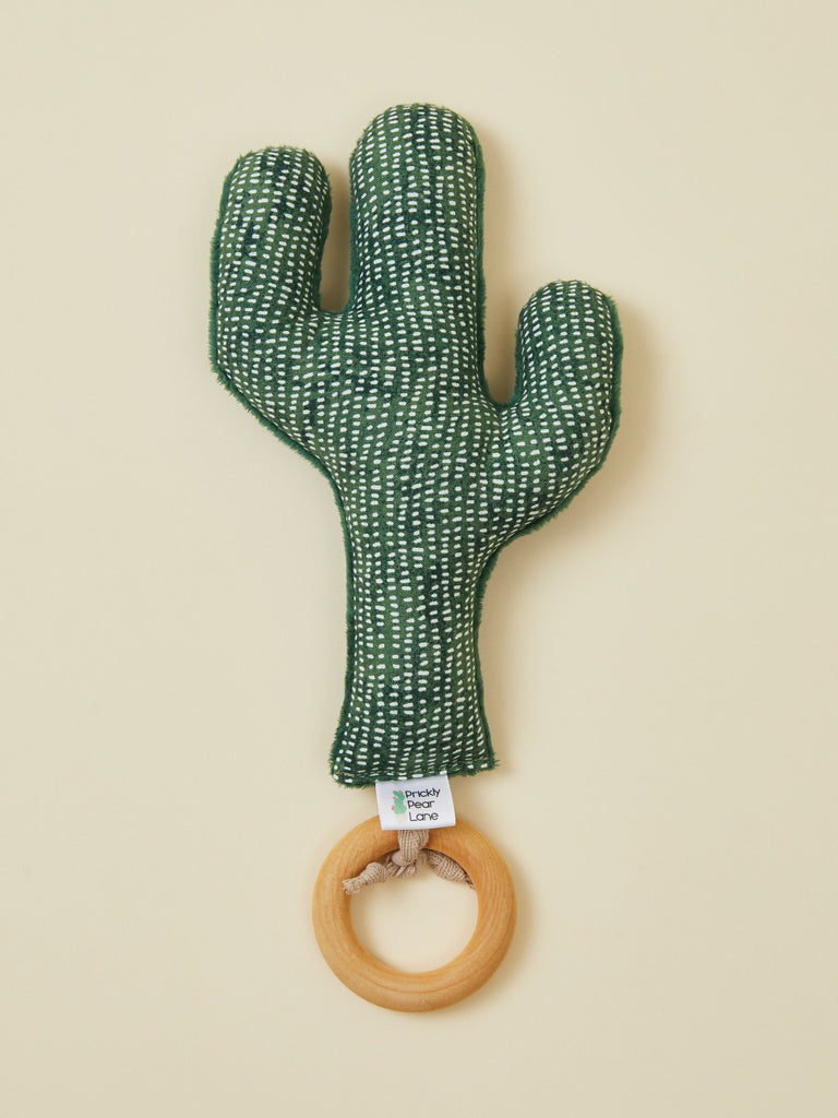 Green Cactus Plush Teether With Wooden Ring