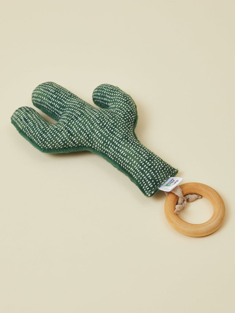 Green Cactus Plush Teether With Wooden Ring
