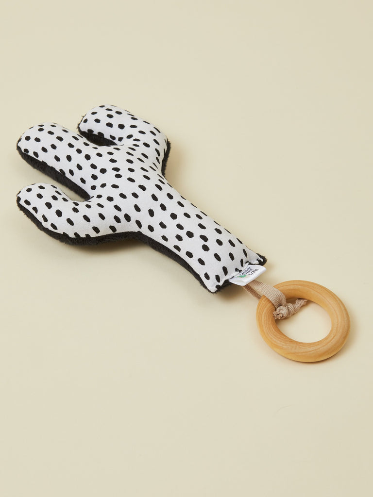 Black and White Cactus Rattle Teether with Wooden Ring