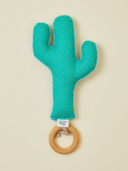 Green Cactus Teething Rattle with Wooden Ring