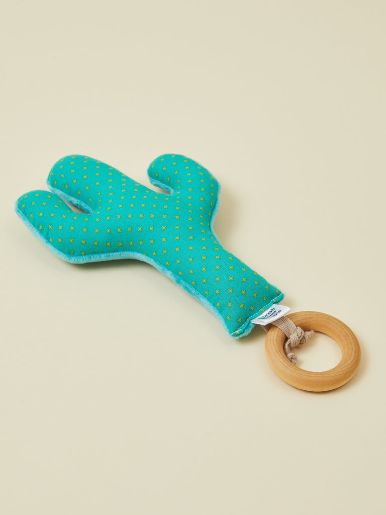 Green Cactus Teething Rattle with Wooden Ring