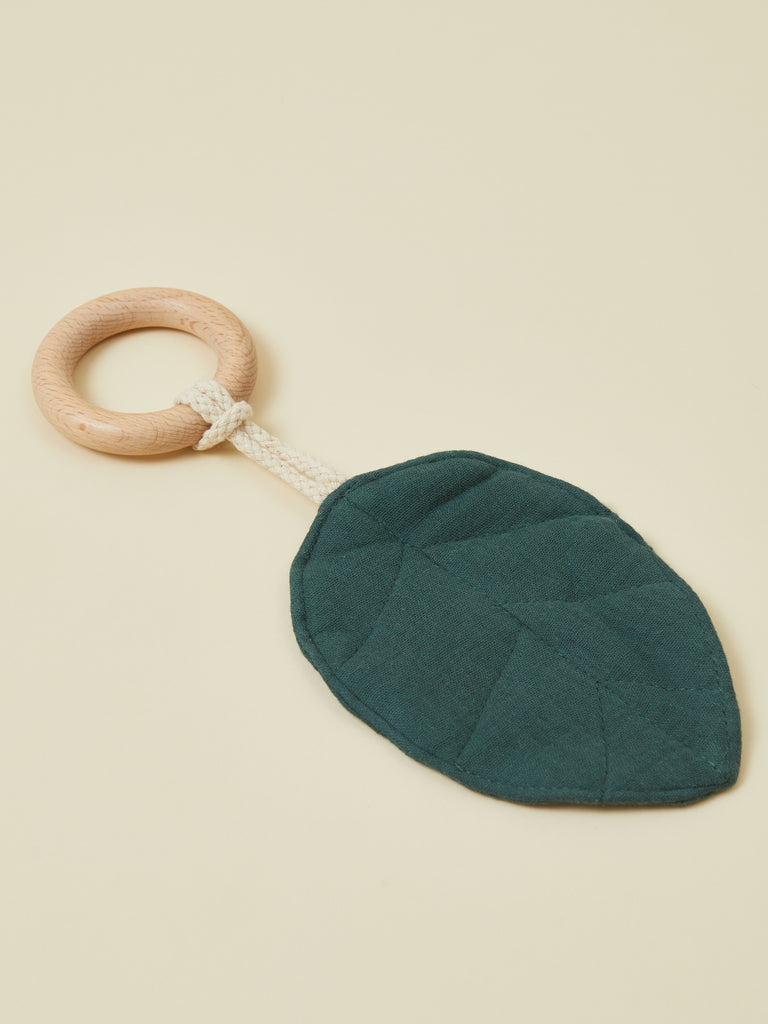 Desert Emerald Leaf Baby Teether with Natural Wood Ring