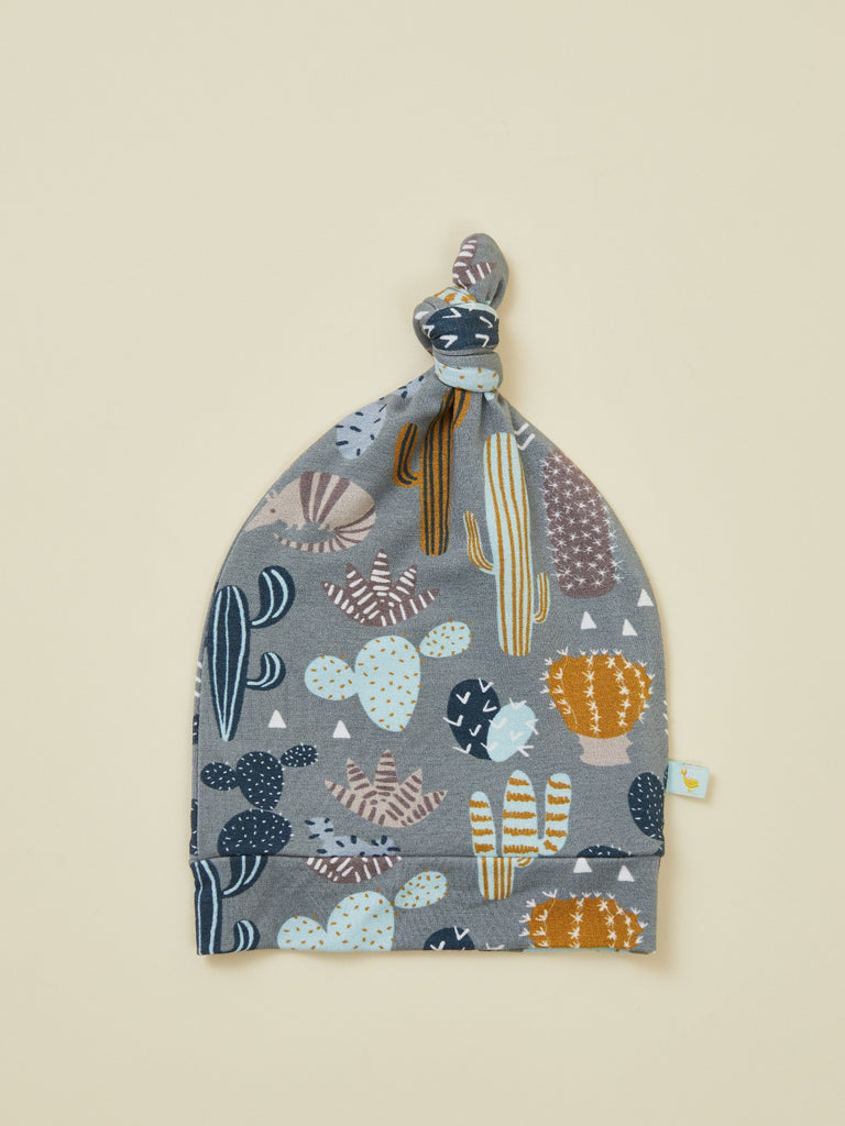 Gray Print Top Knot Baby Hat