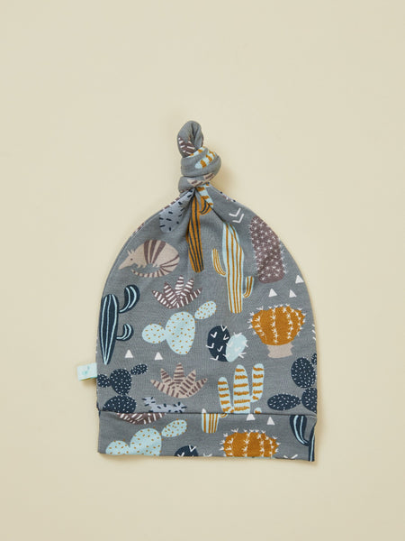 Gray Print Top Knot Baby Hat