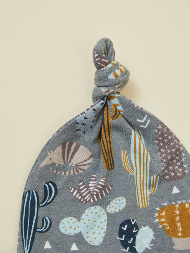 Gray Print Top Knot Baby Hat