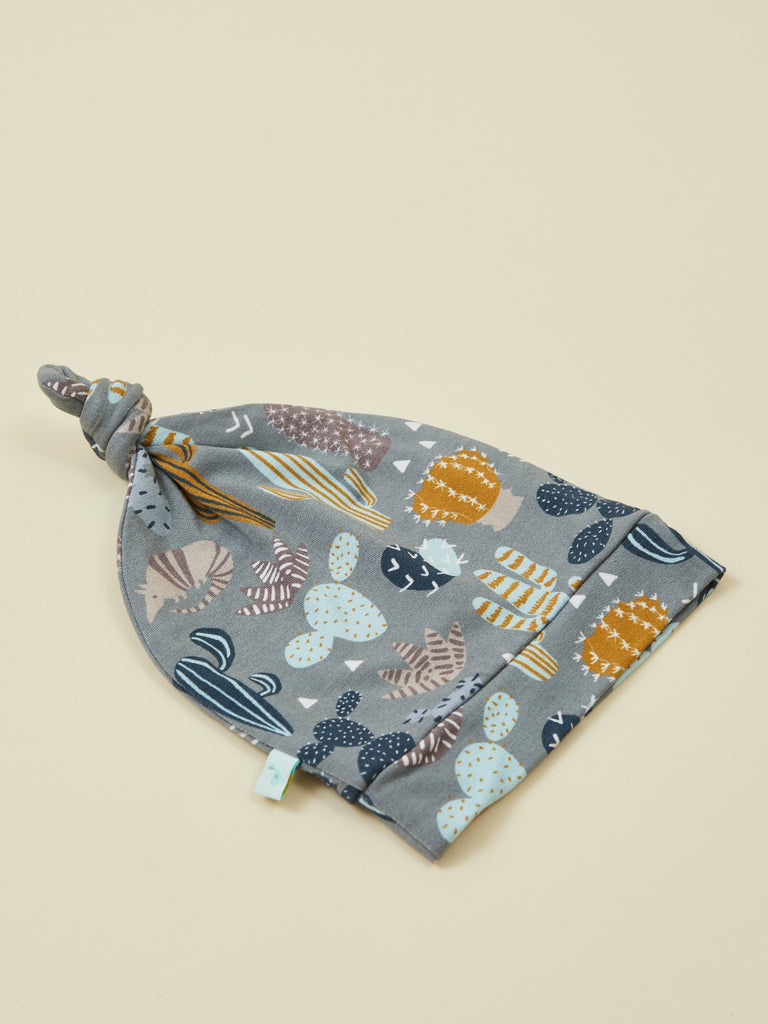 Gray Print Top Knot Baby Hat
