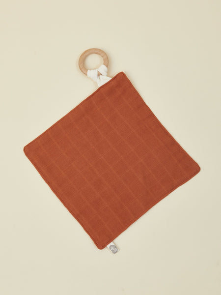Brown Muslin Baby Lovey with Wooden Teether Ring