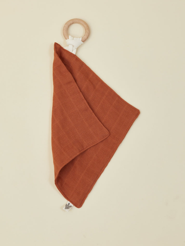 Brown Muslin Baby Lovey with Wooden Teether Ring