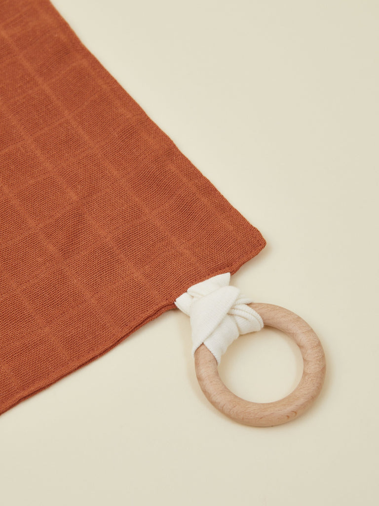 Brown Muslin Baby Lovey with Wooden Teether Ring