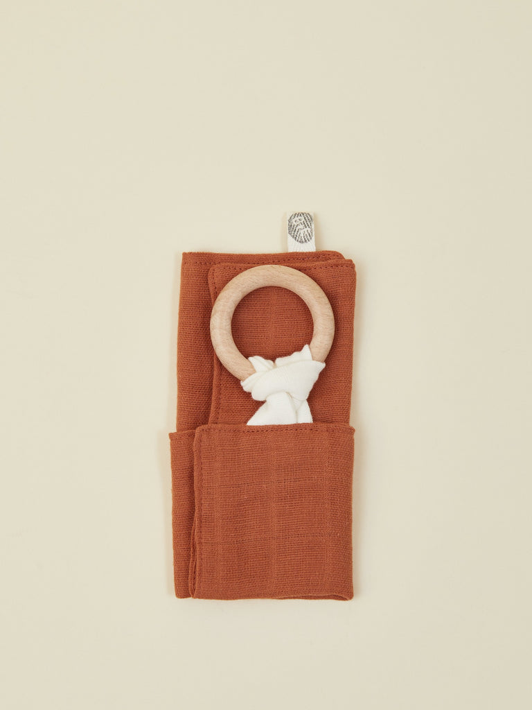 Brown Muslin Baby Lovey with Wooden Teether Ring