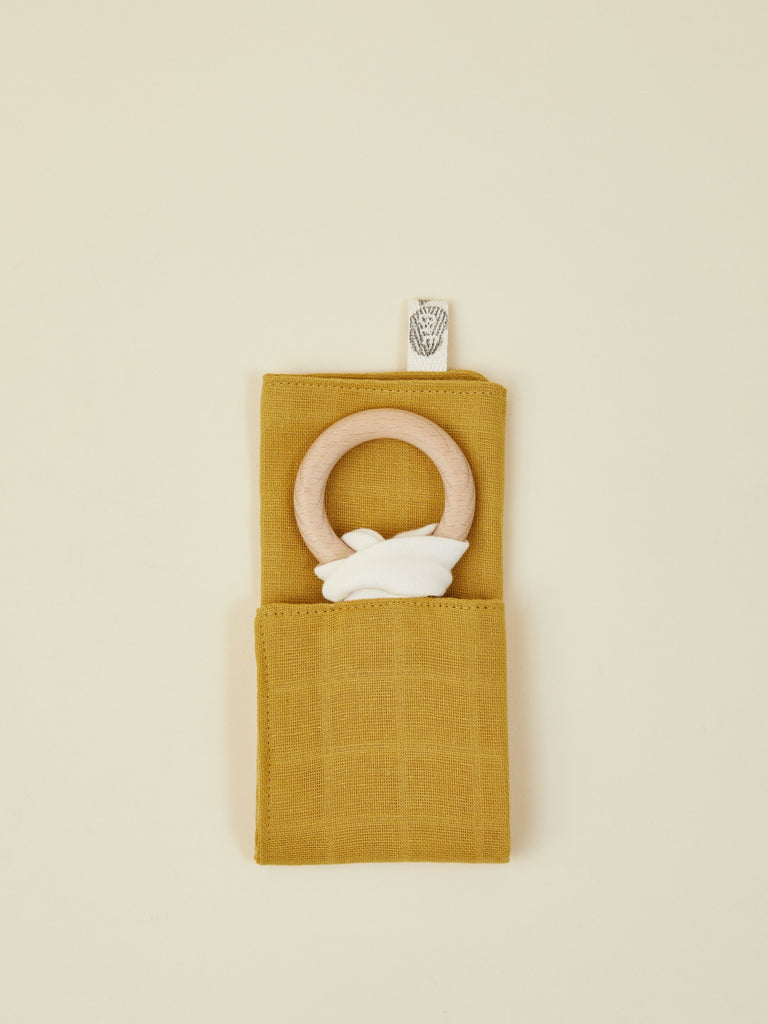 Muslin lovey with wooden teether ring