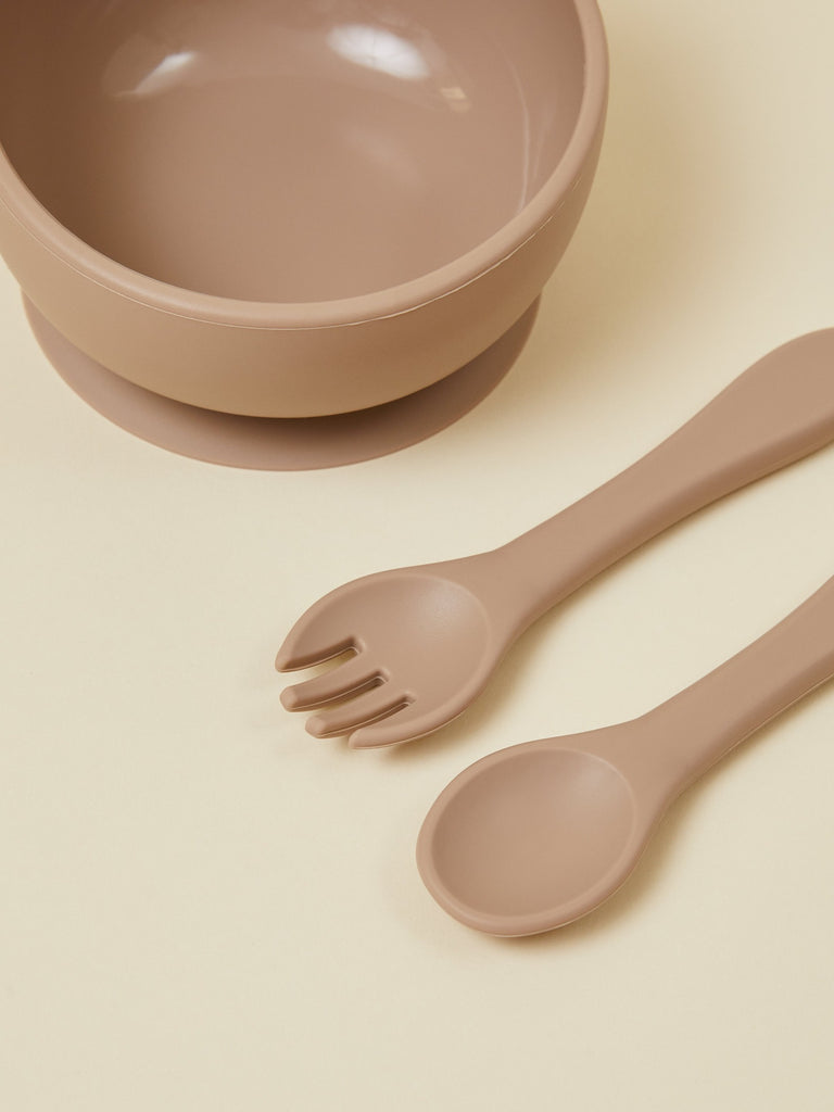 Dark Beige Baby Bowl Set with Spoon and Fork
