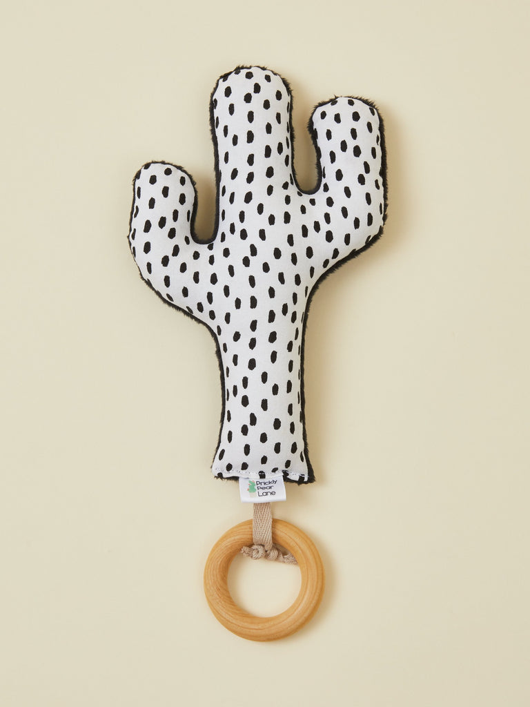 Black and White Cactus Rattle Teether with Wooden Ring