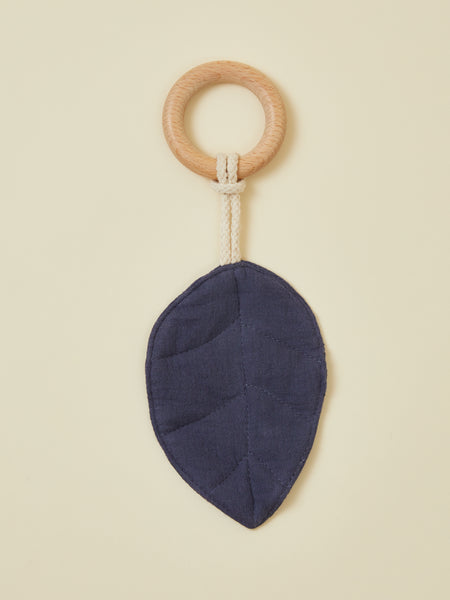 Dusty Indigo Natural Leaf Baby Teether with Wooden Ring
