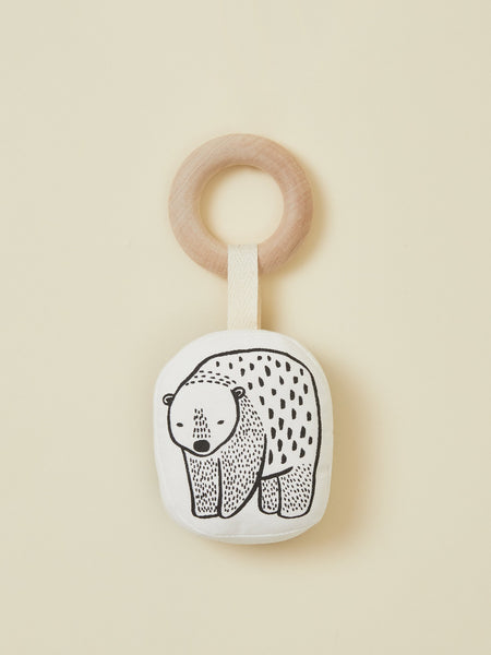 Black and White Bear Baby and Toddler Teether with Wooden Ring